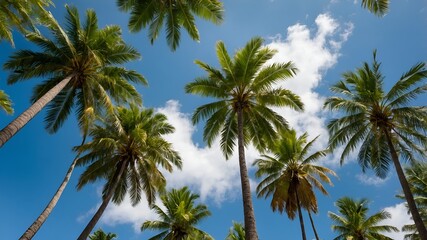 Obraz premium Sunlit palm trees rise tall, their textured fronds glowing vividly against a serene, cloud-speckled sky.