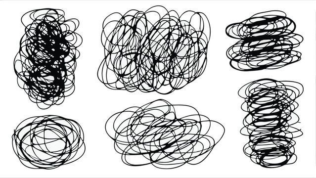 Six abstract scribble designs with overlapping black lines on a white background creating chaotic shapes