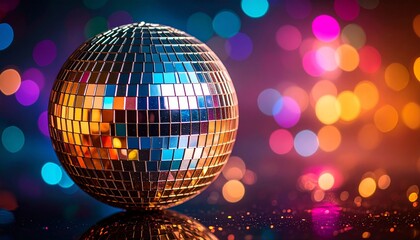 Obraz premium Close up of a disco ball reflecting colorful party lights on a table surface