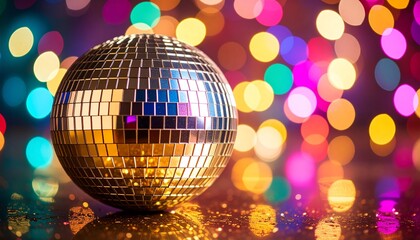 Close-up of a stunning disco ball reflecting colorful party lights on a table surface