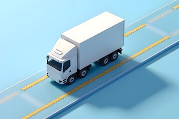 model of a closed-box truck on the road with a GPS symbol along the transparent road  on a white background,with clipping path