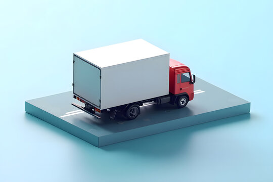 model of a closed-box truck on the road with a GPS symbol along the transparent road  on a white background,with clipping path