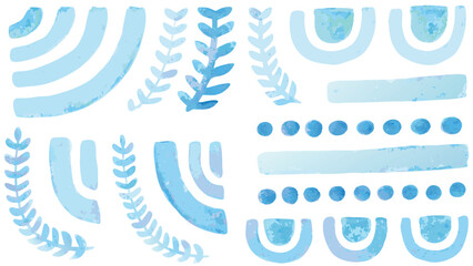 Fototapeta premium Watercolor style pattern with blue arches, lines, dots, and foliage on a white background design element