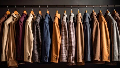 Charming display of men's coats on rack evoking vintage style in a retro-inspired setting