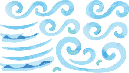 Watercolor illustration of light blue waves and curved lines on a white background surface area design