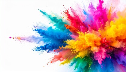 Fototapeta premium Vibrant colorful explosion of powder on the left side of a bright white background