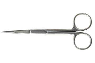 Stainless steel surgical scissors with sharp pointed blades isolated on a transparent background