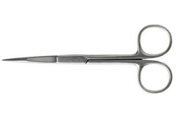 Stainless steel surgical scissors with sharp pointed blades isolated on a transparent background