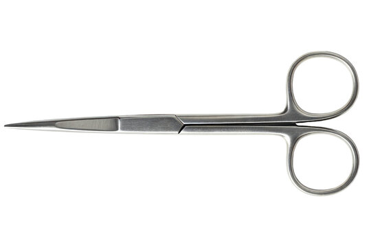 Stainless steel surgical scissors with sharp pointed blades isolated on a transparent background