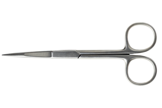 Stainless steel surgical scissors with sharp pointed blades isolated on a transparent background