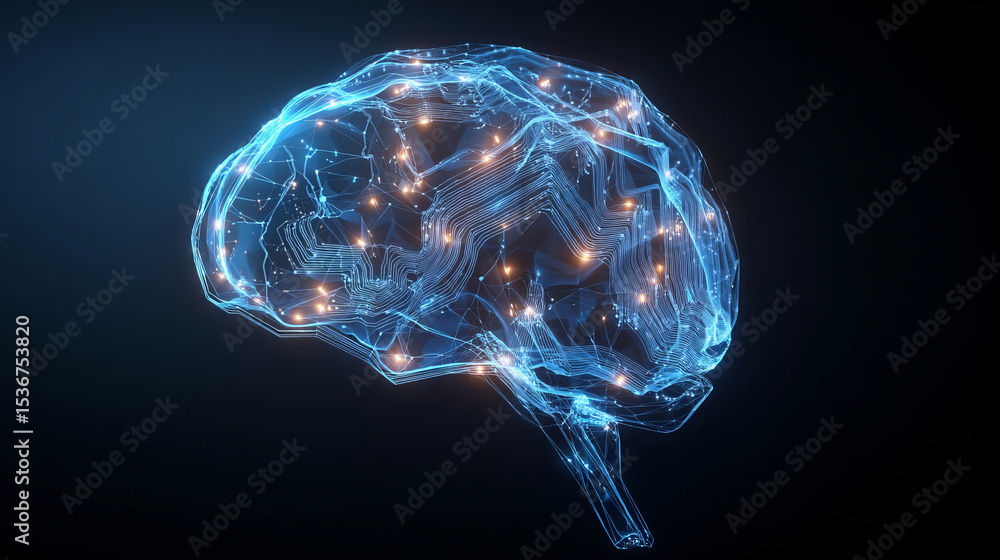 Poster digital glowing brain illustration representing artificial intelligence and neural networks