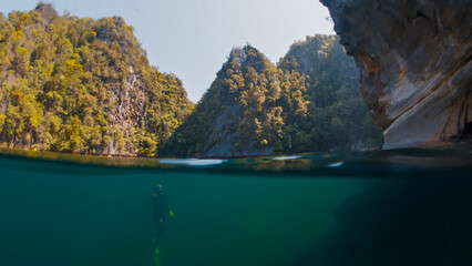Obraz premium Freediver swims underwater in the closed lake. Splitted above and underwater view of the diver swimming in the lake surrounded by limestone mountains. West Papua, Misool, Indonesia