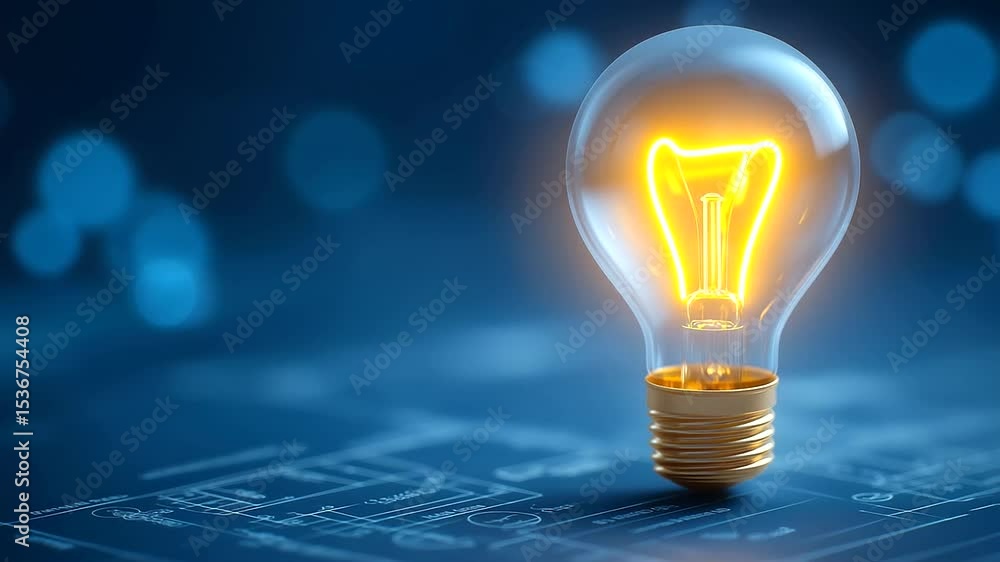 Poster illuminated bulb on a blueprint surrounded by invention prototypes and patent papers.