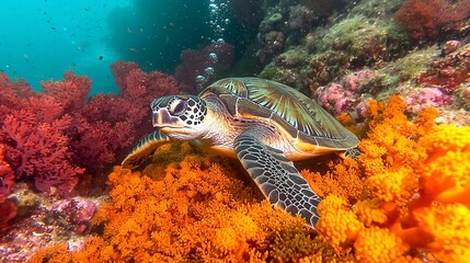 Naklejka premium Sea turtle amidst vibrant coral reef