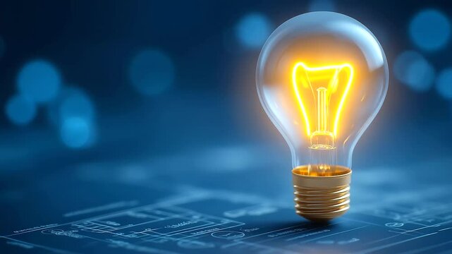 Illuminated bulb on a blueprint surrounded by invention prototypes and patent papers.