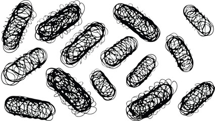 Illustration of multiple black scribbled capsule shapes scattered on a white background surface design