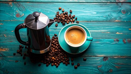 Cozy flat lay of a cup of coffee with fresh coffee beans on rustic wooden surface