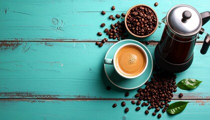 Cozy flat lay of a cup of coffee surrounded by fresh coffee beans on wooden surface