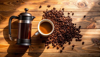 Cozy flat lay of french press, coffee pot, beans, and ceramic mug on wooden surface