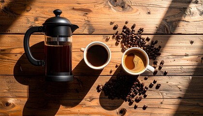 Cozy flat lay of french press, coffee pot, two cups, beans, and ceramic mug on wooden surface