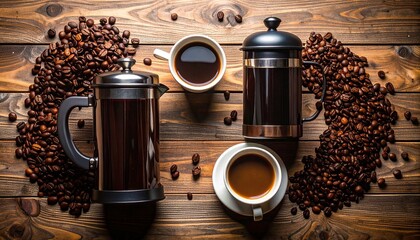 Cozy flat lay of coffee beans and french press with ceramic mug on wooden surface