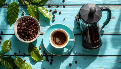 Cozy flat lay of coffee pot and ceramic mug with coffee beans on wooden surface