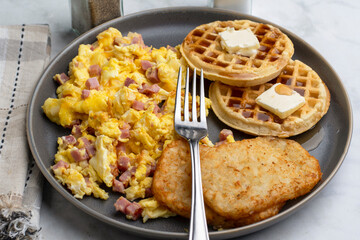scramble egg and ham   with waffles,