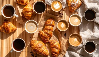 Cozy flat lay of a table with coffee and croissants on bamboo surface with linen napkin