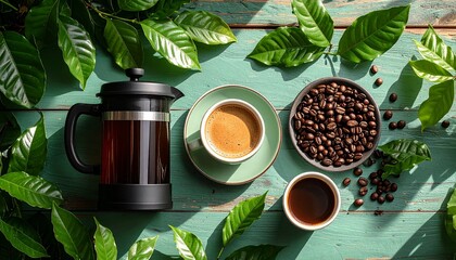 Cozy flat lay of coffee beans with french press and ceramic mug on rustic wooden surface