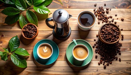 Cozy flat lay of coffee beans and french press on wooden table with a ceramic mug