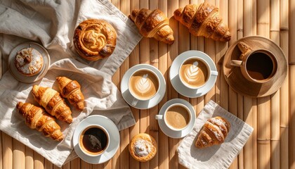Cozy flat lay of fresh croissants and coffee cups on a table with a soft linen napkin