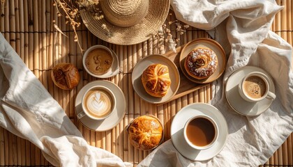 Warm and inviting table with coffee cup and plate of pastries surrounded by a linen napkin