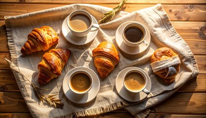 Delicious tray of croissants and coffee on a bamboo surface with a linen napkin flat lay