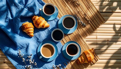 Cozy flat lay of coffee cups and pastries with a blue towel on a rustic bamboo table