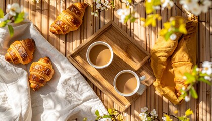 Cozy flat lay of a tray filled with croissants and a cup of coffee on bamboo surface