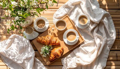 Delightful tray of croissants accompanied by a cup of fresh coffee for a morning treat