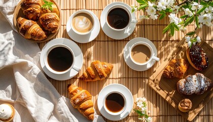 Inviting flat lay of various pastries accompanied by fresh coffee on a bamboo table