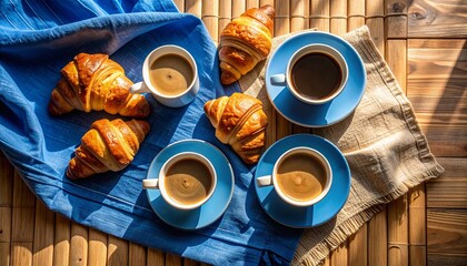 Serene coffee cup on a blue napkin with croissants on a bamboo table flat lay scene