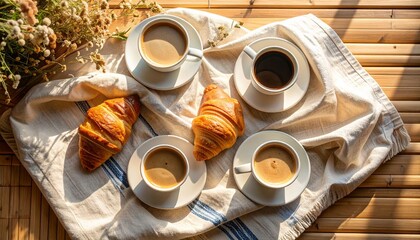 Charming table arrangement with flowers and coffee cup on a bamboo surface flat lay