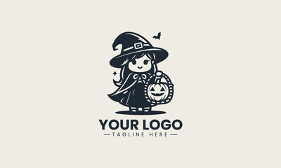 Fototapeta premium Cute little witch girl cheerfully holding pumpkin basket for trick or treat vector logo illustration design