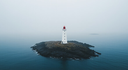 Serene coastal scene of lighthouse perched on a rocky island surrounded by fog, lighthouse, ocean, sea, island, fog, misty, landscape, coastal, architecture, building, beacon, navigation, light, guida