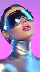 Naklejka premium Y2K and new wave concept. A futuristic figure wearing sleek sunglasses and a shiny silver outfit, set against a vibrant pink background.