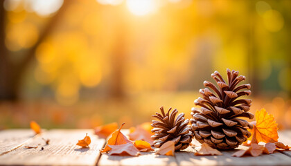 Fototapeta premium Pinecones resting on wooden doorstep surrounded by autumn foliage