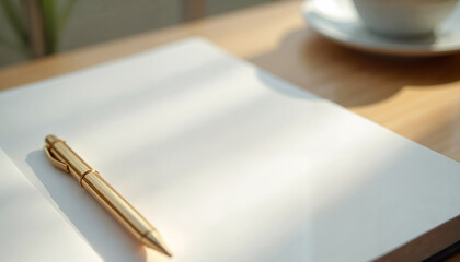 Blank notebook with gold pen and coffee cup on wooden table  