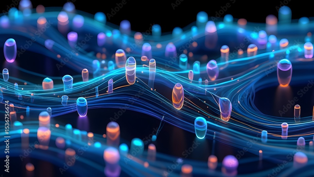 Poster neon wave: abstract data flow & digital network