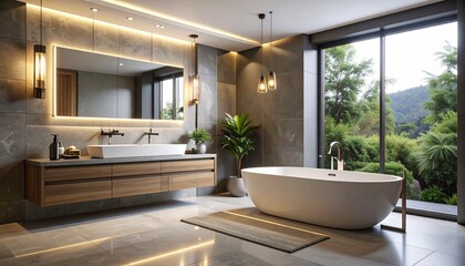 Modern sleek bathroom featuring tub and large mirror with led lighting accents