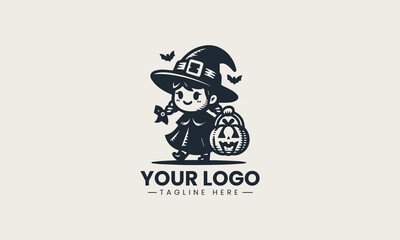 Obraz premium Adorable little witch holding a pumpkin basket with happy face in cute cartoon vector logo illustration design