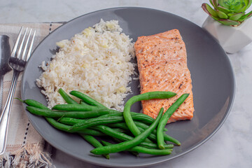 seasoned salmon with  rice and green beans