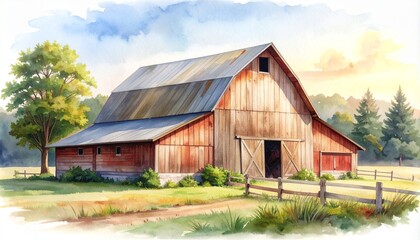 Obraz premium Soft-focus watercolor view of a country barn with a fence in a beautiful rustic setting