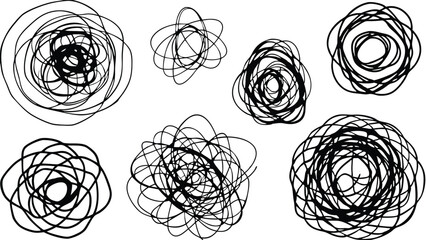 Collection of seven abstract circular scribbles and tangled lines in black and white drawing style art